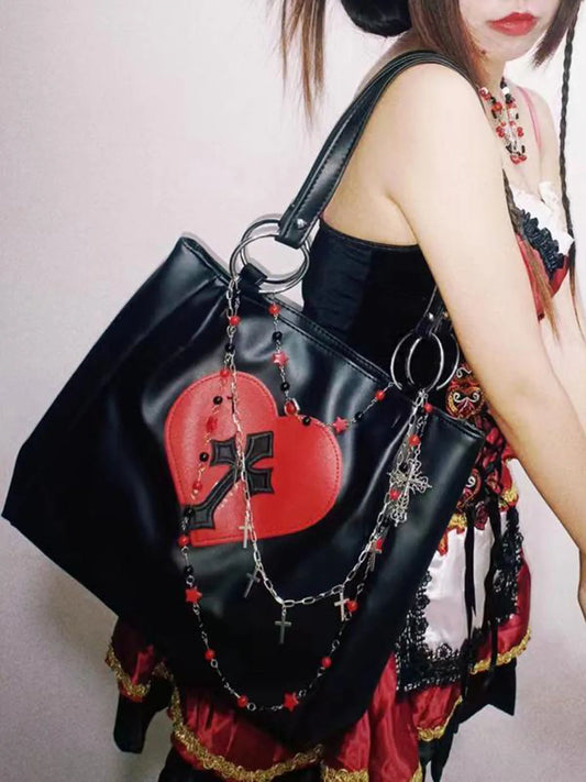 Y2K Tote PU Cross Grunge Gothic Vintage Leather Capacity Large Bag