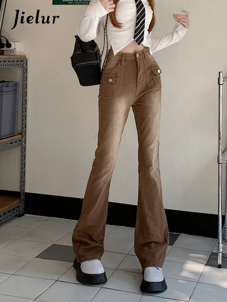 Retro Flare Casual High Waist Slim Straight Elasticity Brown Jean