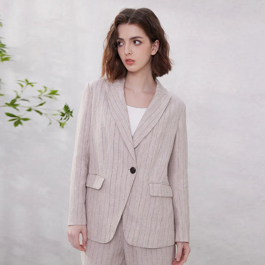 Luxury Formal Stripe Linen Ladies Office Elegant Chic Blazer