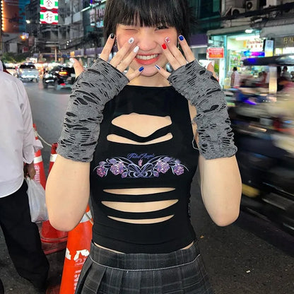 Y2K Sexy Grunge Out Goth Hollow Fairycore Crop Mall Aesthetics Harajuku Top