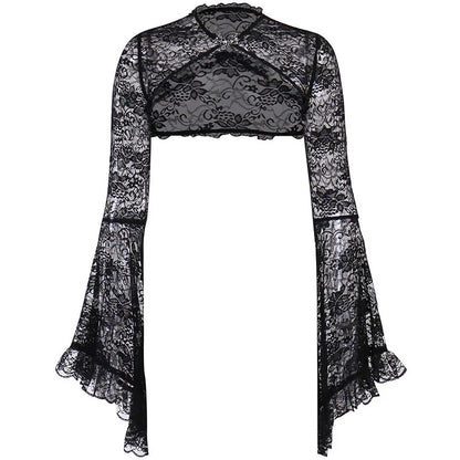 Sheer cropped long-bell-sleeve gothic sexy crochet dark punk Cardigans