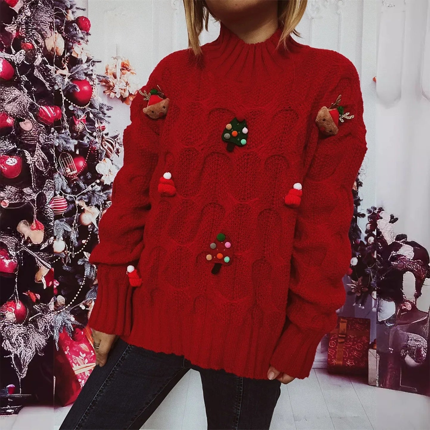 Autumn Winter Xmas Loose Round Neck Print Knitted Christmas Sweater