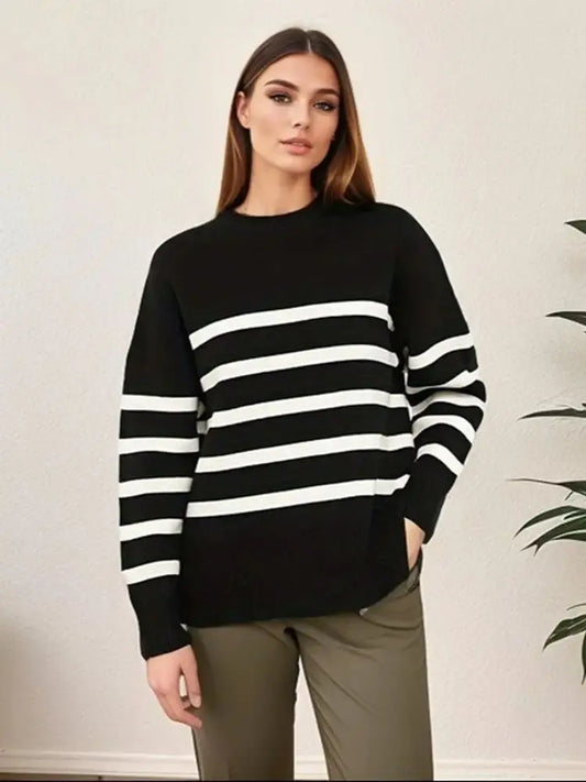 Warm Cozy Casual Comfortable Stylish Loose Thick Basic Striped Winter Knitted Sweater