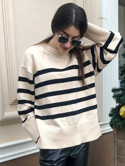 Warm Cozy Casual Comfortable Stylish Loose Thick Basic Striped Winter Knitted Sweater