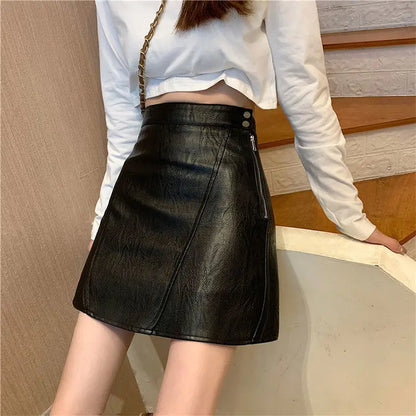 Spring Autumn High Waist Women’s Leather Skirt