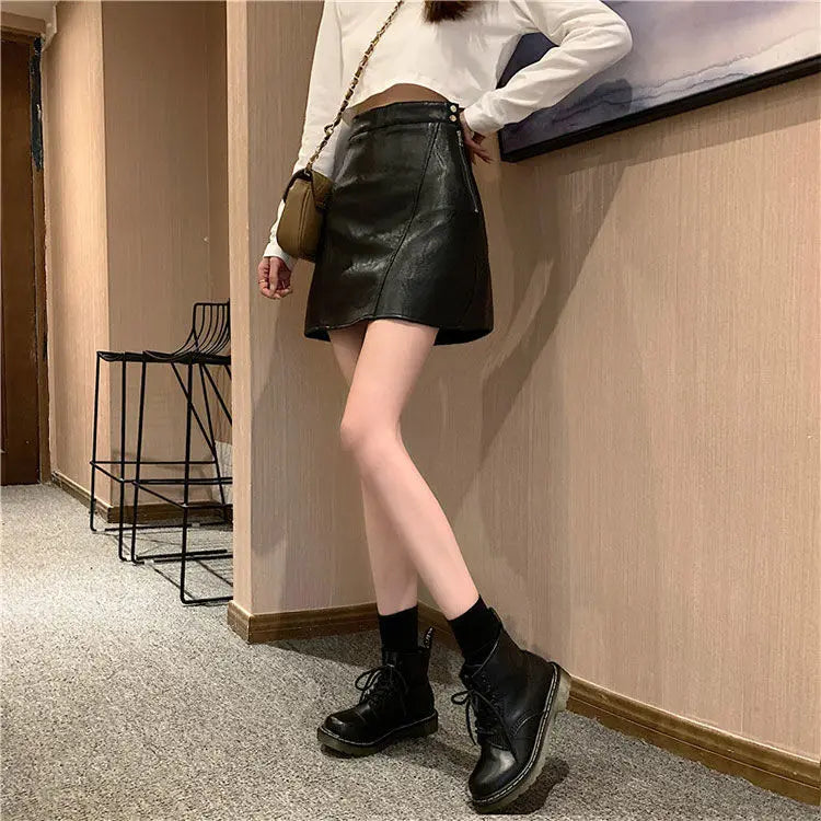 Spring Autumn Black High Waist Leather Skirt