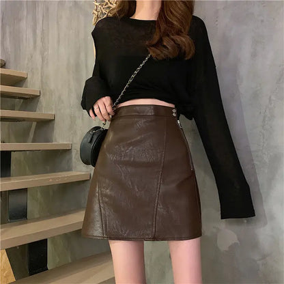 Spring Autumn Black High Waist Leather Skirt