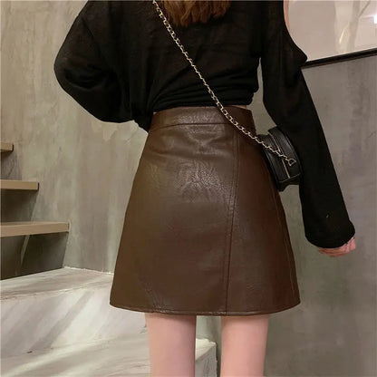 Spring Autumn Black High Waist Leather Skirt