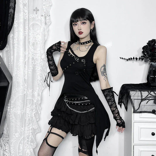 Y2K Eyelet Vintage Slim Irregular Black Crop Sleeveless Goth Summer Top