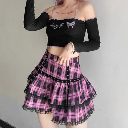 Lolita Plaid Japanese Cake Pleated Purple Gothic Pink Harajuku Skirt