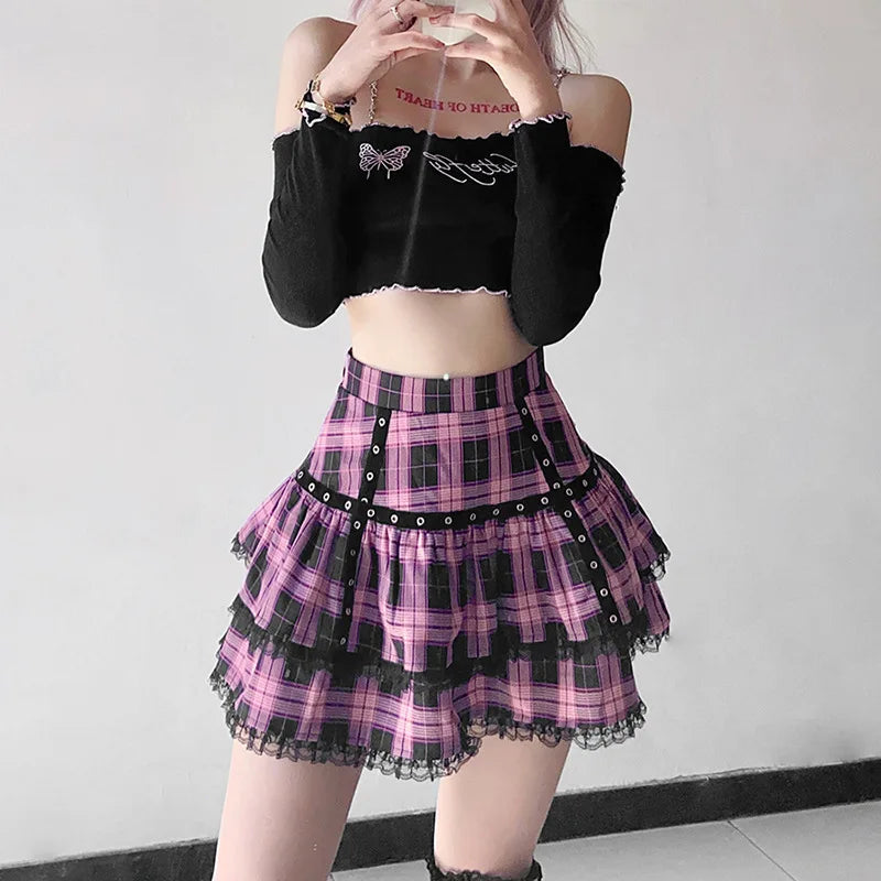 Lolita Plaid Japanese Cake Pleated Purple Gothic Pink Harajuku Skirt