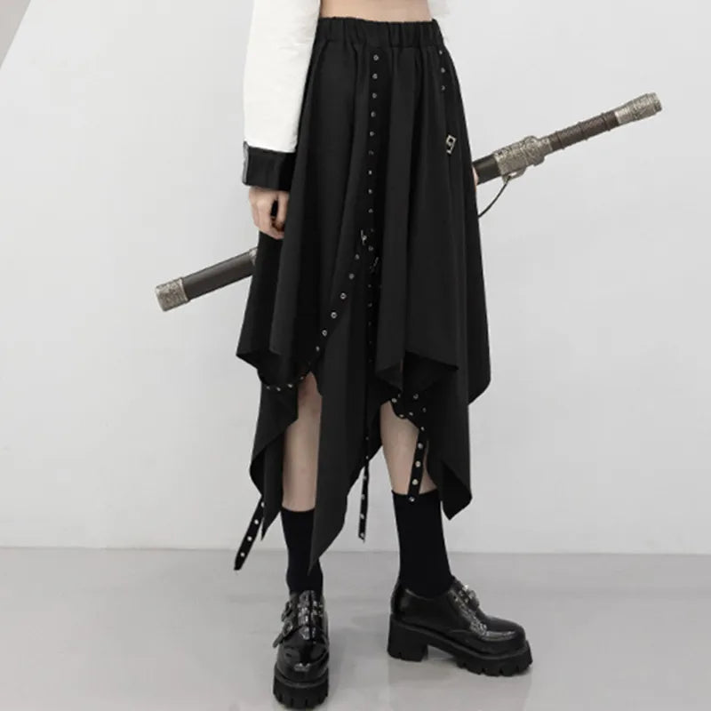 Long Weave Irregular Street Dark Tie Wind Y2k Buckle Skirt