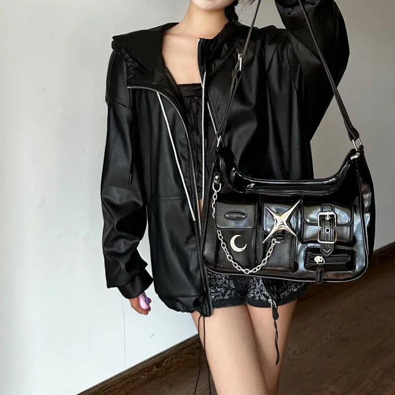 Y2K Casual Chains Motorcycle Fashion Harajuku Gothic Black Shoulder Bag