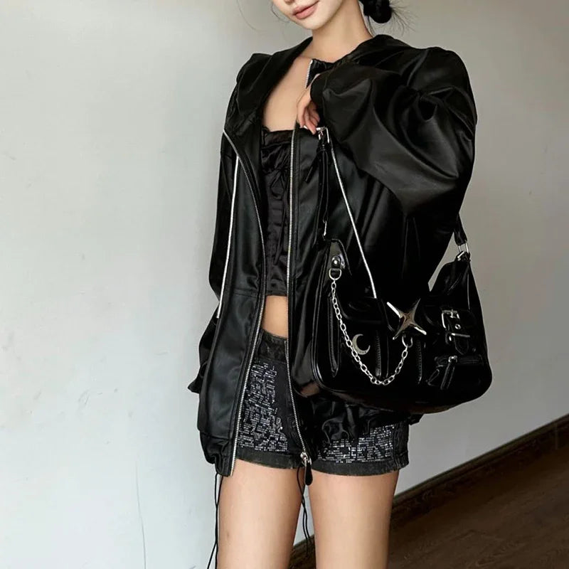 Y2K Casual Chains Motorcycle Fashion Harajuku Gothic Black Shoulder Bag