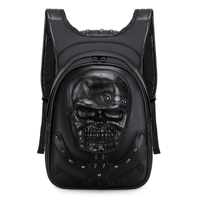 3D Backpack Leather Skull Travel Rock Rivets Embossed Laptop Gothic Punk Bag