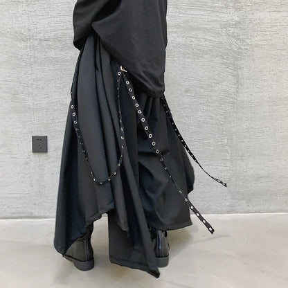 Dark Black Ribbon Punk Gothic Wide Leg Pant