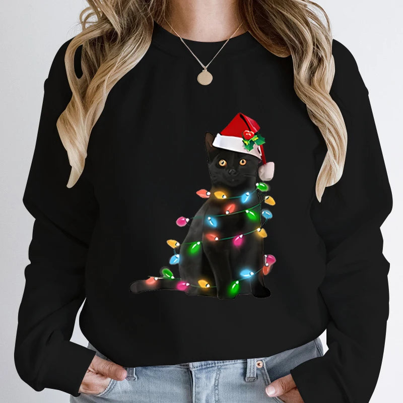 Black Cat Christmas Light Print Hoodie