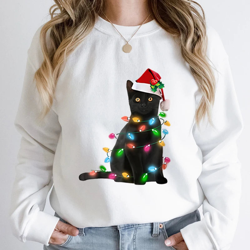 Black Cat Christmas Light Print Hoodie