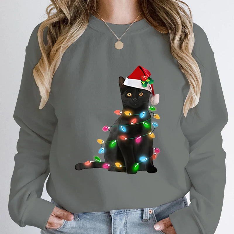 Black Cat Christmas Light Print Hoodie