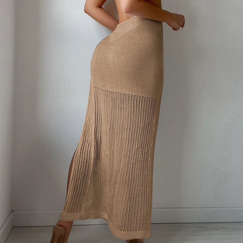 Knitted Hollow Sexy See-Through Solid Wrap Skirt