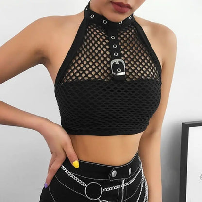 Gothic Fishnet Party Cami Choker Halter Crop Top