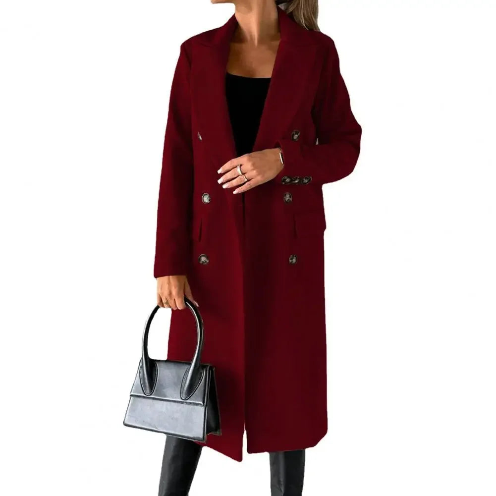 Slim Fit Double Breasted Solid Color Woolen Autumn Winter Long Women Coats