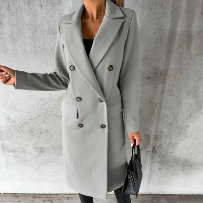 Slim Fit Double Breasted Solid Color Woolen Autumn Winter Long Women Coats