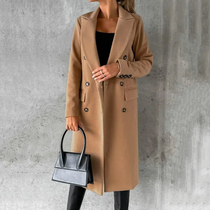 Slim Fit Double Breasted Solid Color Woolen Autumn Winter Long Women Coats