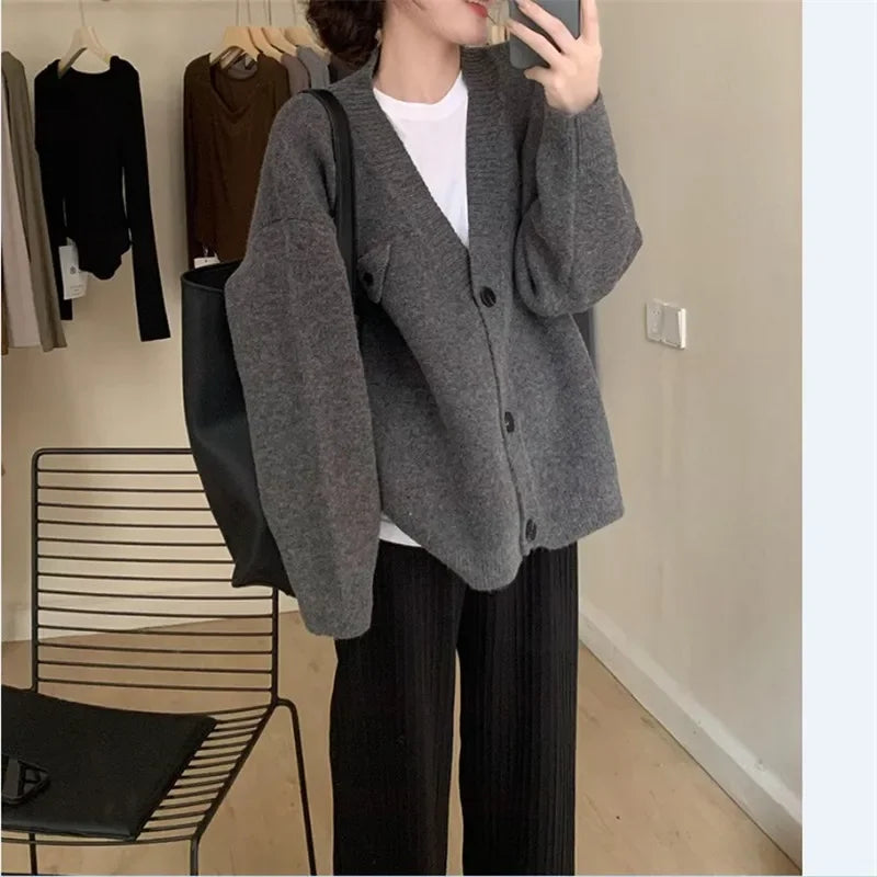 Fashion Loose All-match Knitwear Korean Lazy V-neck Spring Autumn Coats