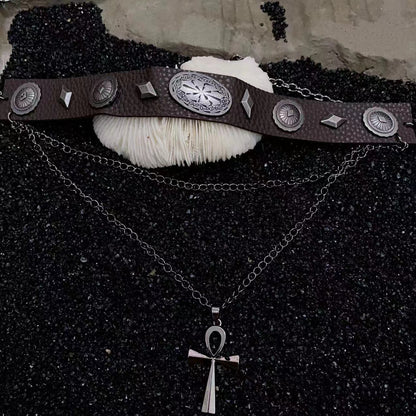 Double Cross Brown Leather Vintage Roman Riveted Punk Hipster Necklace