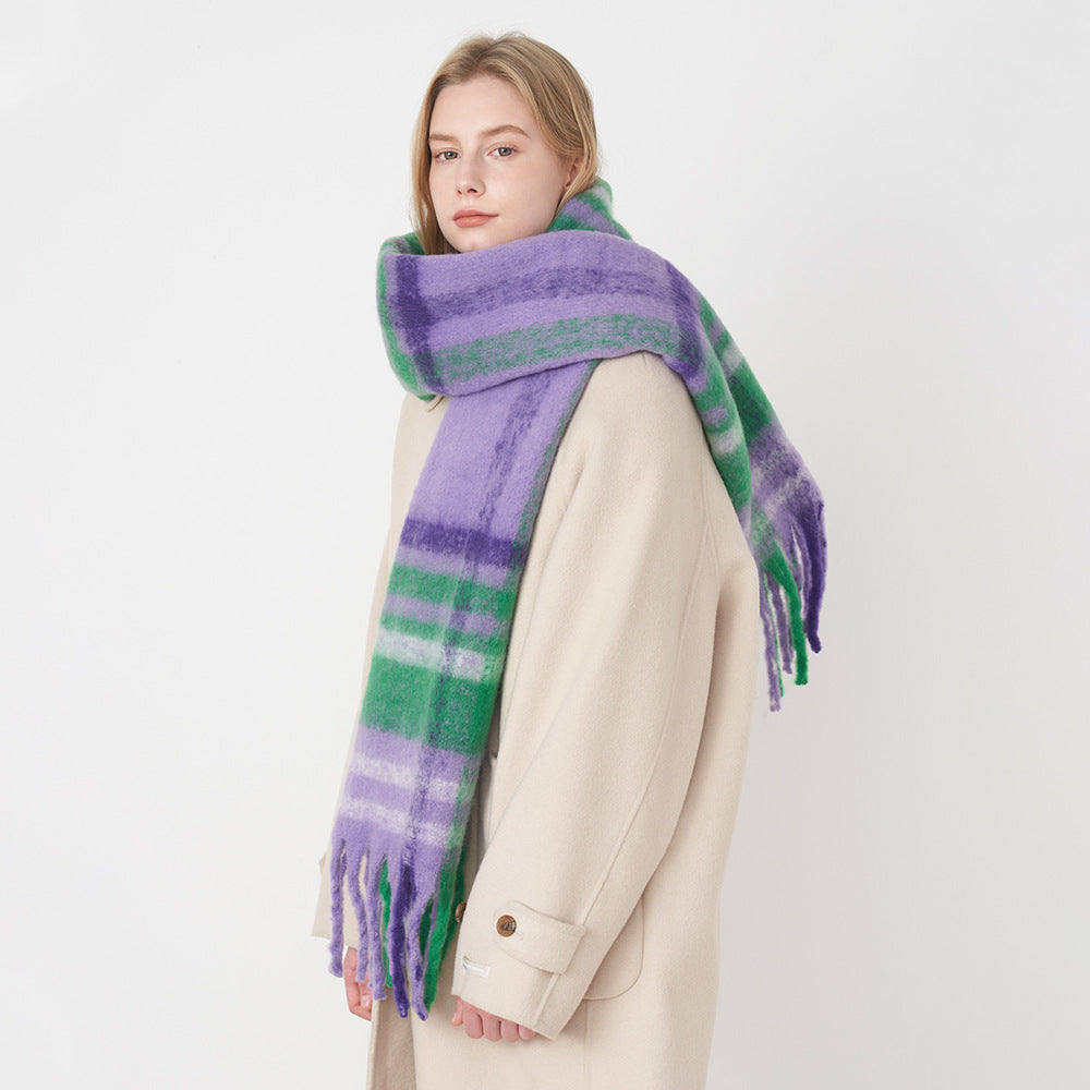 Soft Warm Checkered Tassel Mohair Cashmere Scarf Shawl