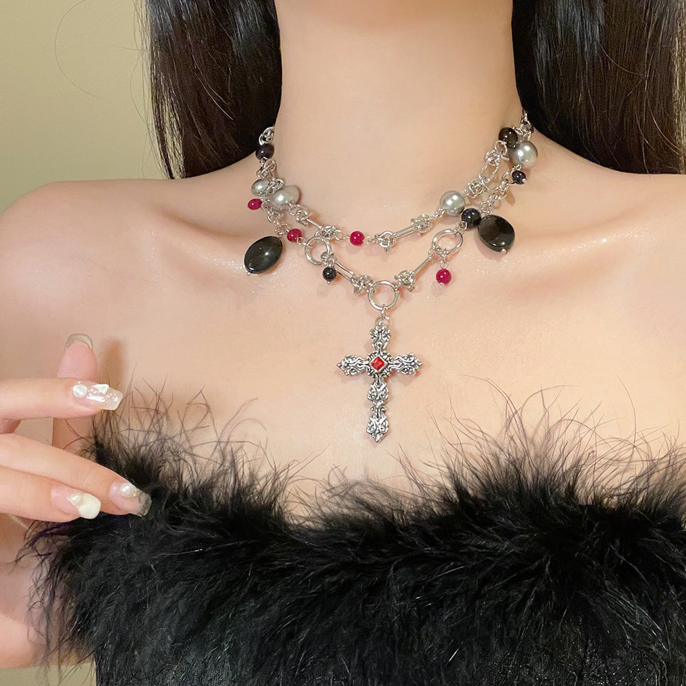 Sweet Cool Dark Punk Multi-Layered Personality Premium Cross Beaded Collarbone Necklace