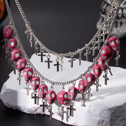 Halloween Punk Multi-Layered Skull Exaggerated Cross Fringe European American Necklace