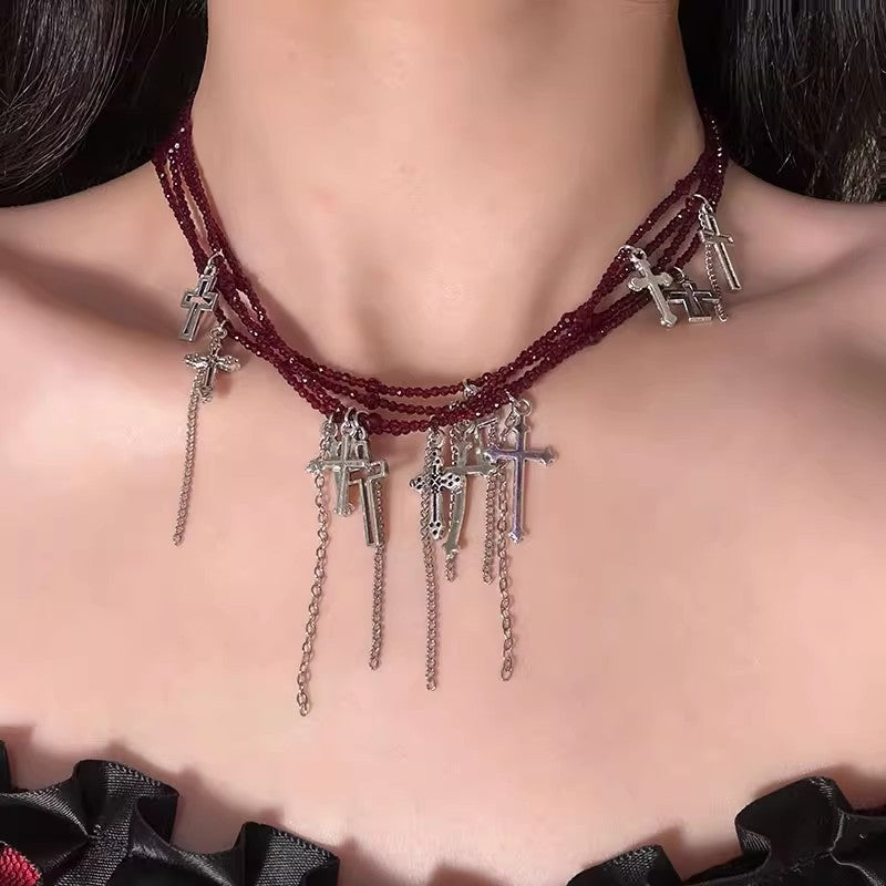 Dark Punk Multi-Layered Fringe Red Beaded Cross Collarbone Necklace