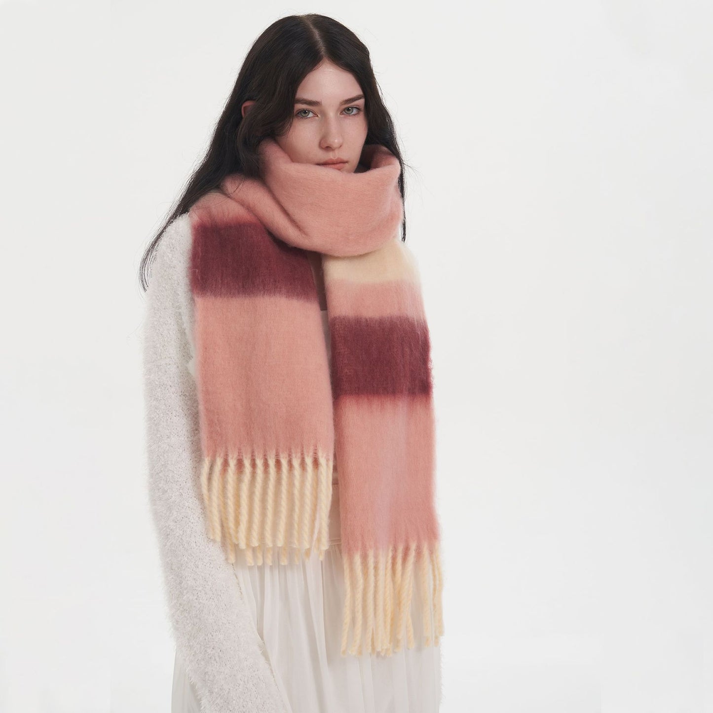 Fashionable Thick Soft Striped Mohair Cashmere Plaid Scarf