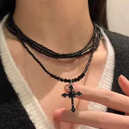 Sweet Cool Dark Punk Personality Cross Collarbone Multi-Layered Beaded Necklace