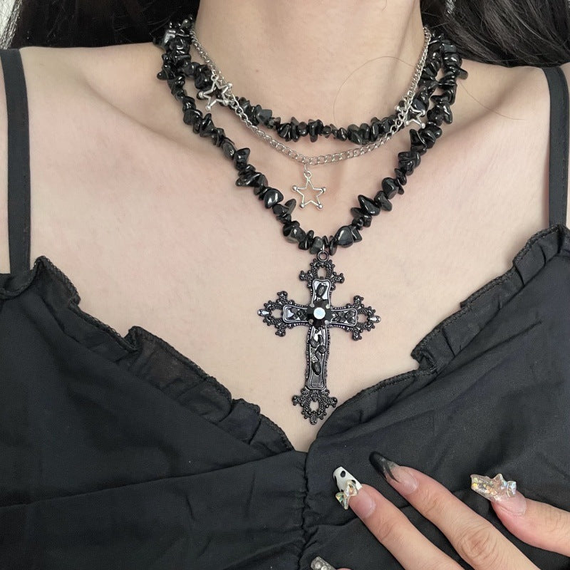 Sweet Cool Diamond Star Cross Punk Gravel Double Clavicle Chain Hip Hop Necklace