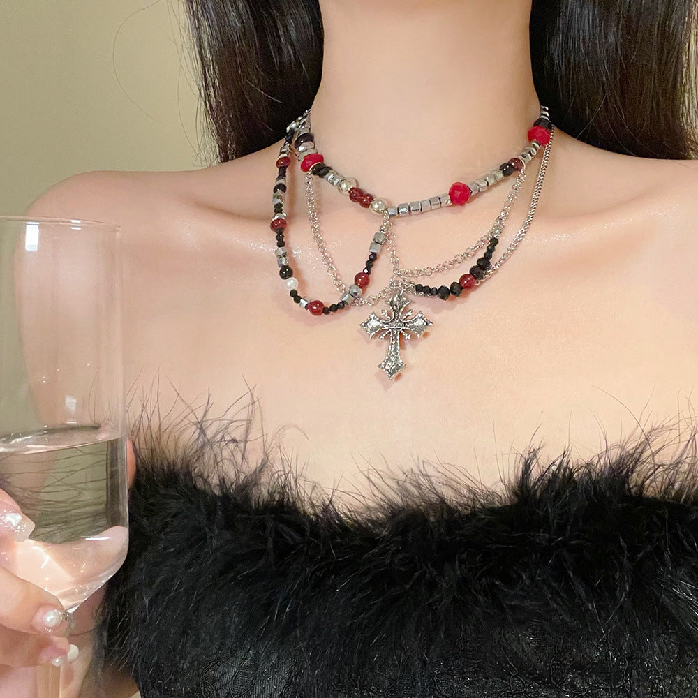 Sweet Cool Dark Punk Multi-Layered Personality Premium Cross Beaded Collarbone Necklace