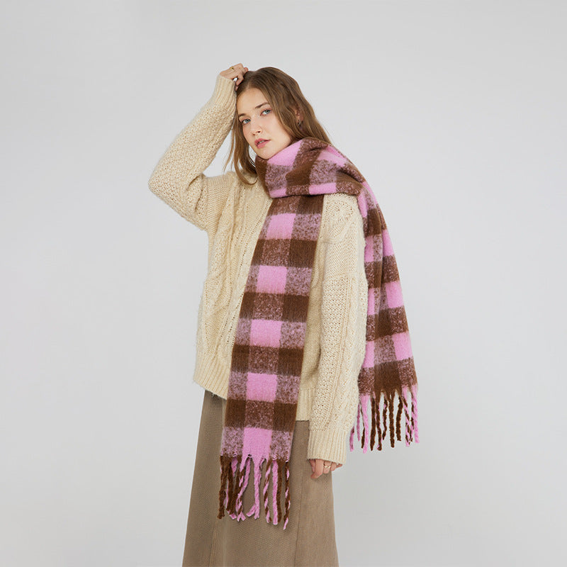 Soft Fluffy Checkered Mohair Cashmere Warm Winter Scarf