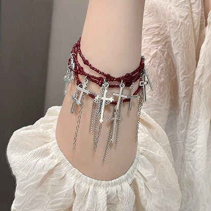 Dark Punk Multi-Layered Fringe Red Beaded Cross Collarbone Necklace