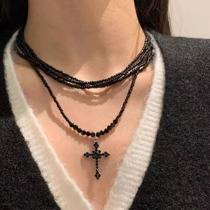 Sweet Cool Dark Punk Personality Cross Collarbone Multi-Layered Beaded Necklace