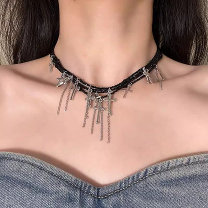 Dark Punk Multi-Layered Fringe Red Beaded Cross Collarbone Necklace