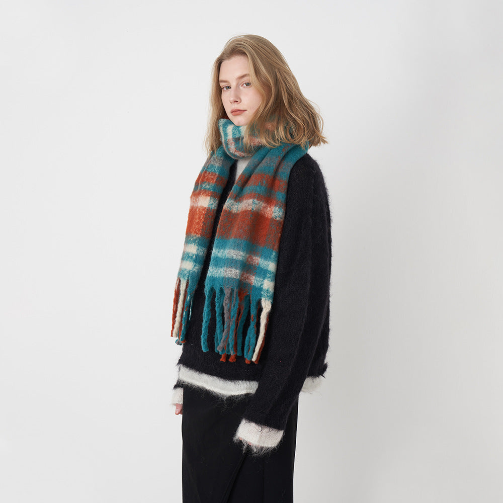 Soft Warm Checkered Tassel Mohair Cashmere Scarf Shawl