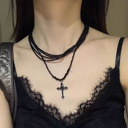 Sweet Cool Dark Punk Personality Cross Collarbone Multi-Layered Beaded Necklace