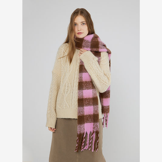 Soft Fluffy Checkered Mohair Cashmere Warm Winter Scarf