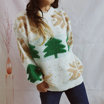 Green Tree Embroidery Knitted Pullover Casual Loose Retro Christmas Sweater