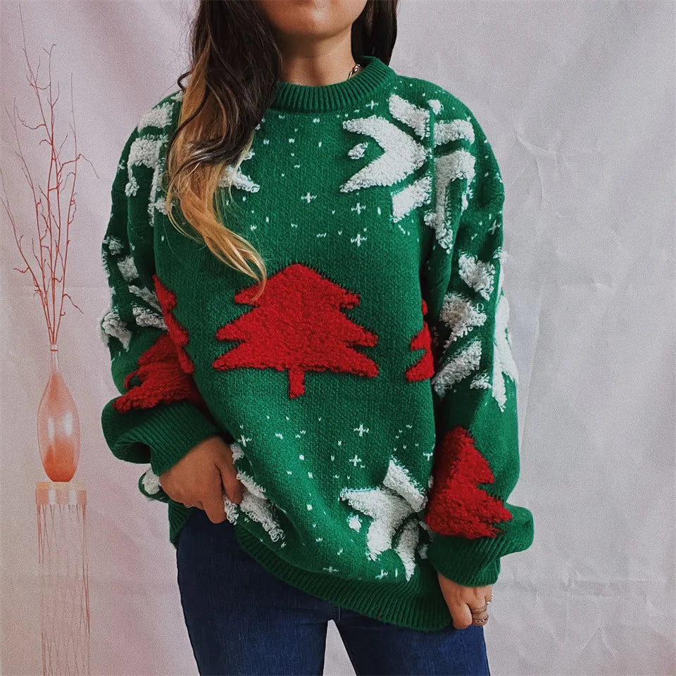 Green Tree Embroidery Knitted Pullover Casual Loose Retro Christmas Sweater