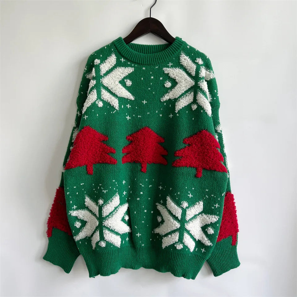 Green Tree Embroidery Knitted Pullover Casual Loose Retro Christmas Sweater