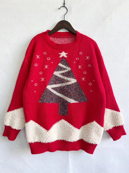 Gold Thread Flocked Round Neck Long Sleeved Loose Knit Pullover Christmas Sweater