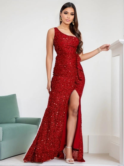 Red Sequined One Shoulder Ruffles Slit Evening Party Dress